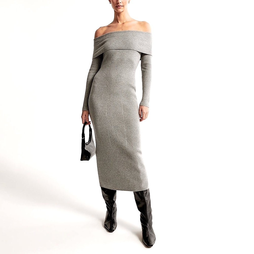 ABERCROMBIE LONG SLEEVE OFF THE SHOULDER RIB KNIT MIDI SWEATER DRESS EDGY Gray L
